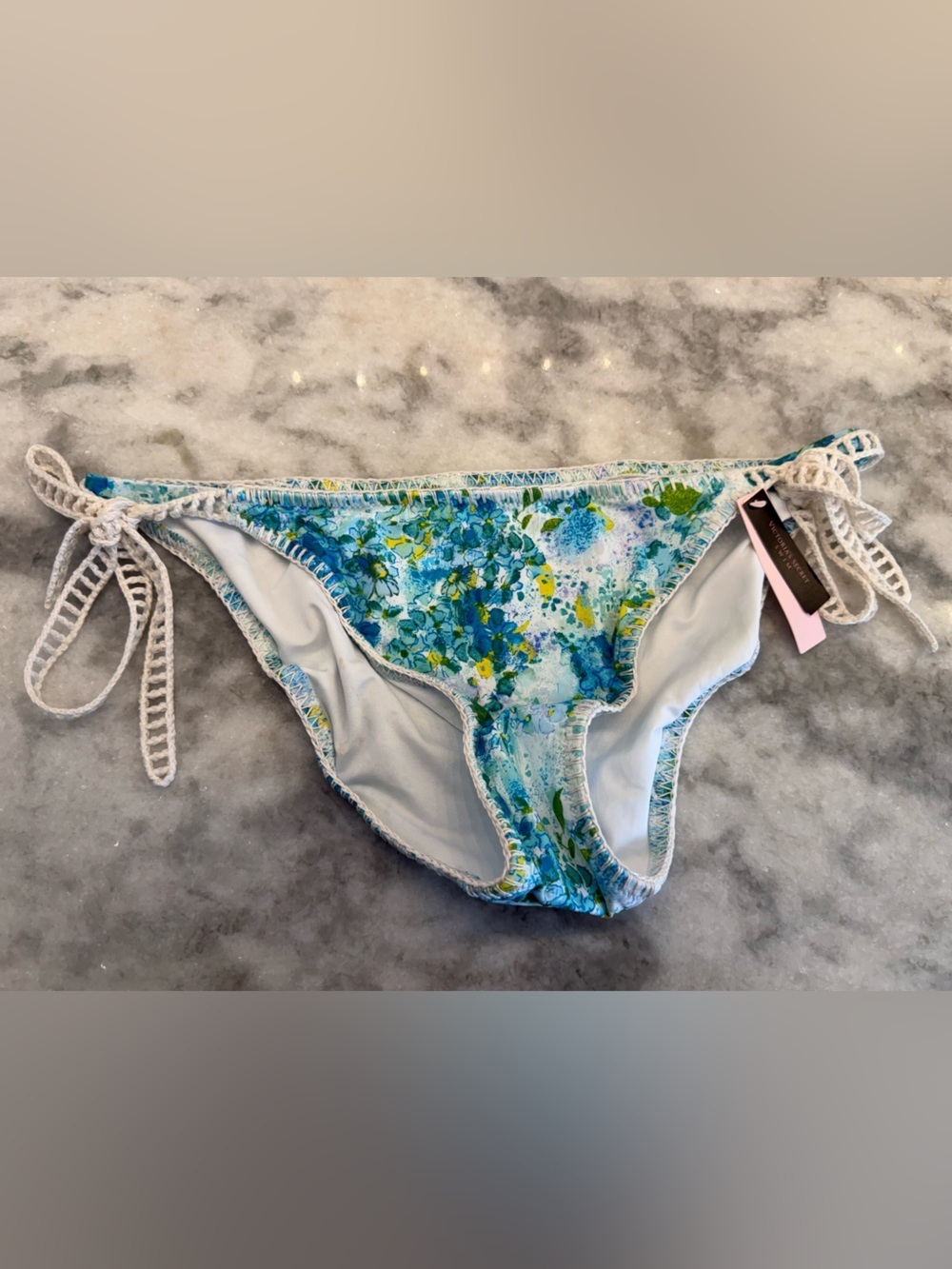 Victoria’s Secret Blue Floral Bikini Bottom Crochet Tie Side Boho XL BNWT